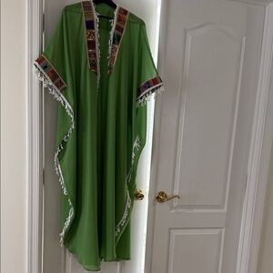 Vibrant Green Embroidered Kaftan with Tassel Trim